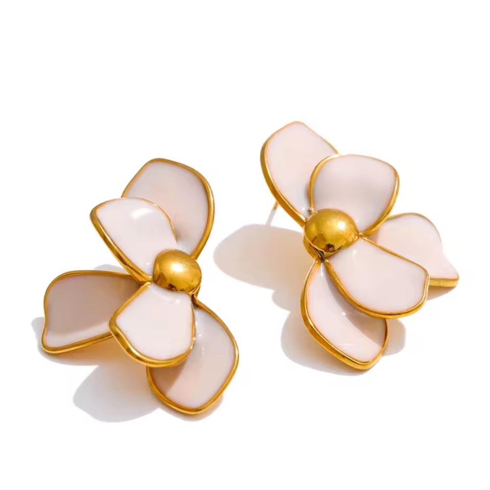 Romantic Petal Cream Flower Stud Earrings – Gold Trim Statement Earrings - Picture 4 of 11